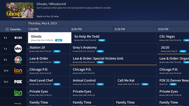 Tablo Live TV grid with Ghosts highlighted