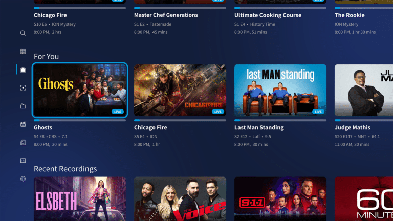 Tablo home screen interface showing the For You content shelf and Recent Recordings