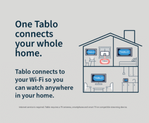 Graphic showing how Tablo distributes signals through your home via Wi-Fi with the words 'one Tablo connect your whole home'
