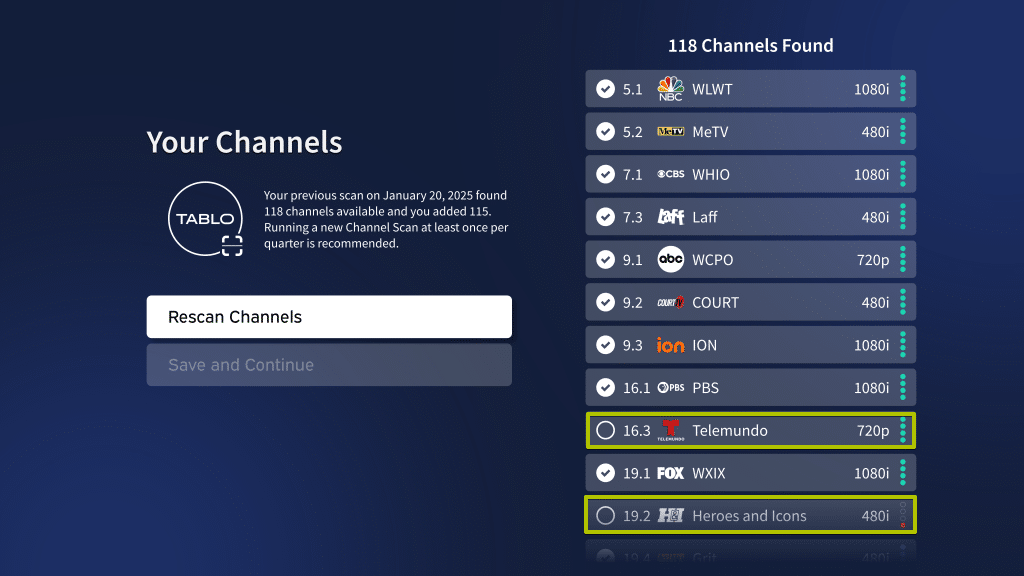 Tablo channel lineup screen.