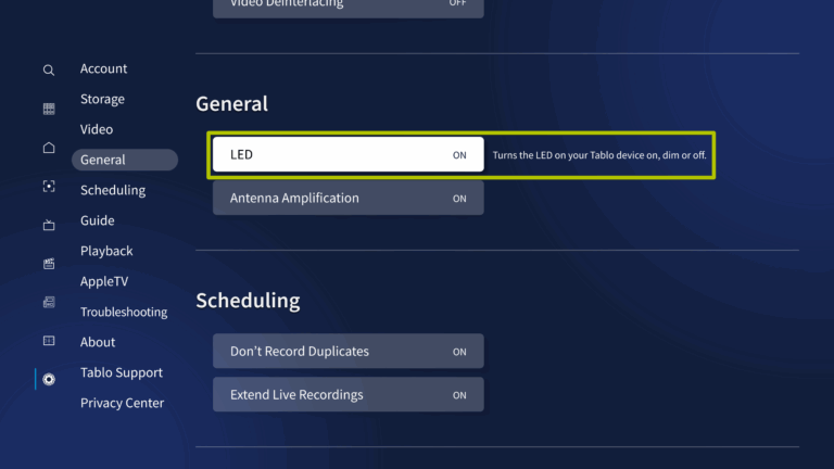 Tablo settings page, showing LED options.