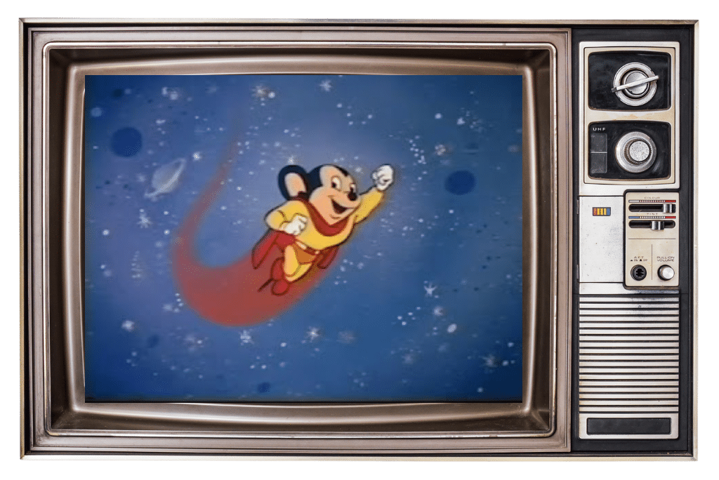 Mighty Mouse on an older TV set.