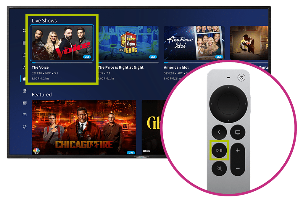 Live Shows in the guide, lighted in a lime square. Also, a cutout with an apple remote with play/pause highlighted by a lime square.