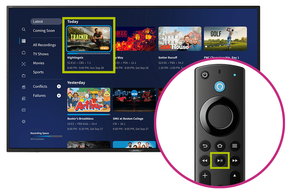 The Tablo library, with Tracker outlined in a lime square. There's also a cutout with the Fire TV remote with play/pause button also highlighted in a lime rectangle.