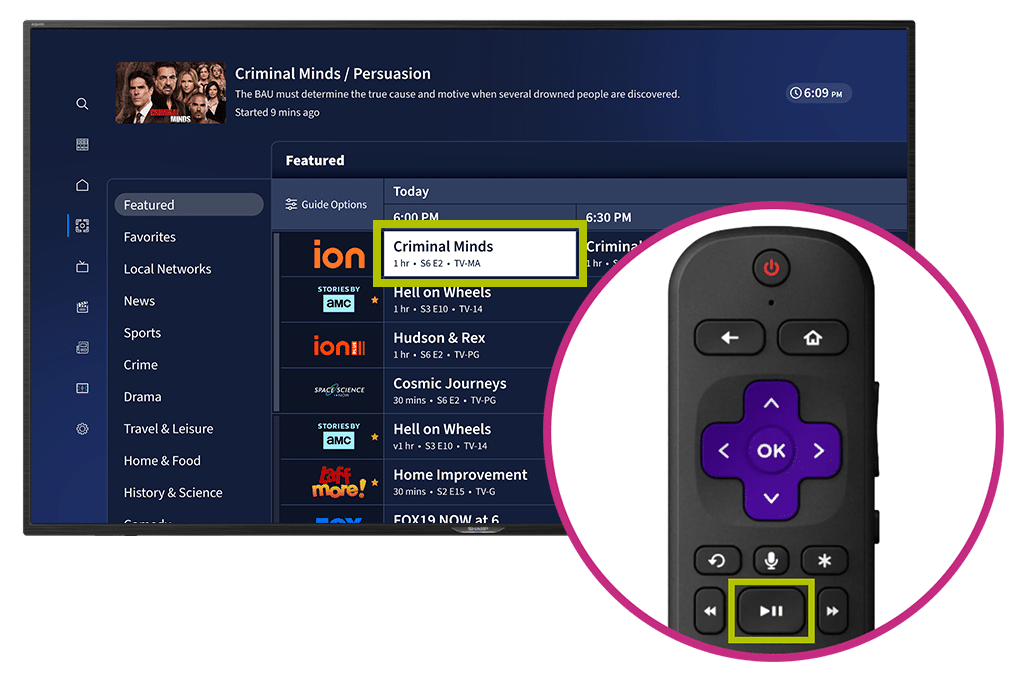 Tablo Live Grid with Criminal Minds highlighted in a lime rectangle. Also, a cutout with the Roku remote and the play/pause highlighted by a lime rectangle.