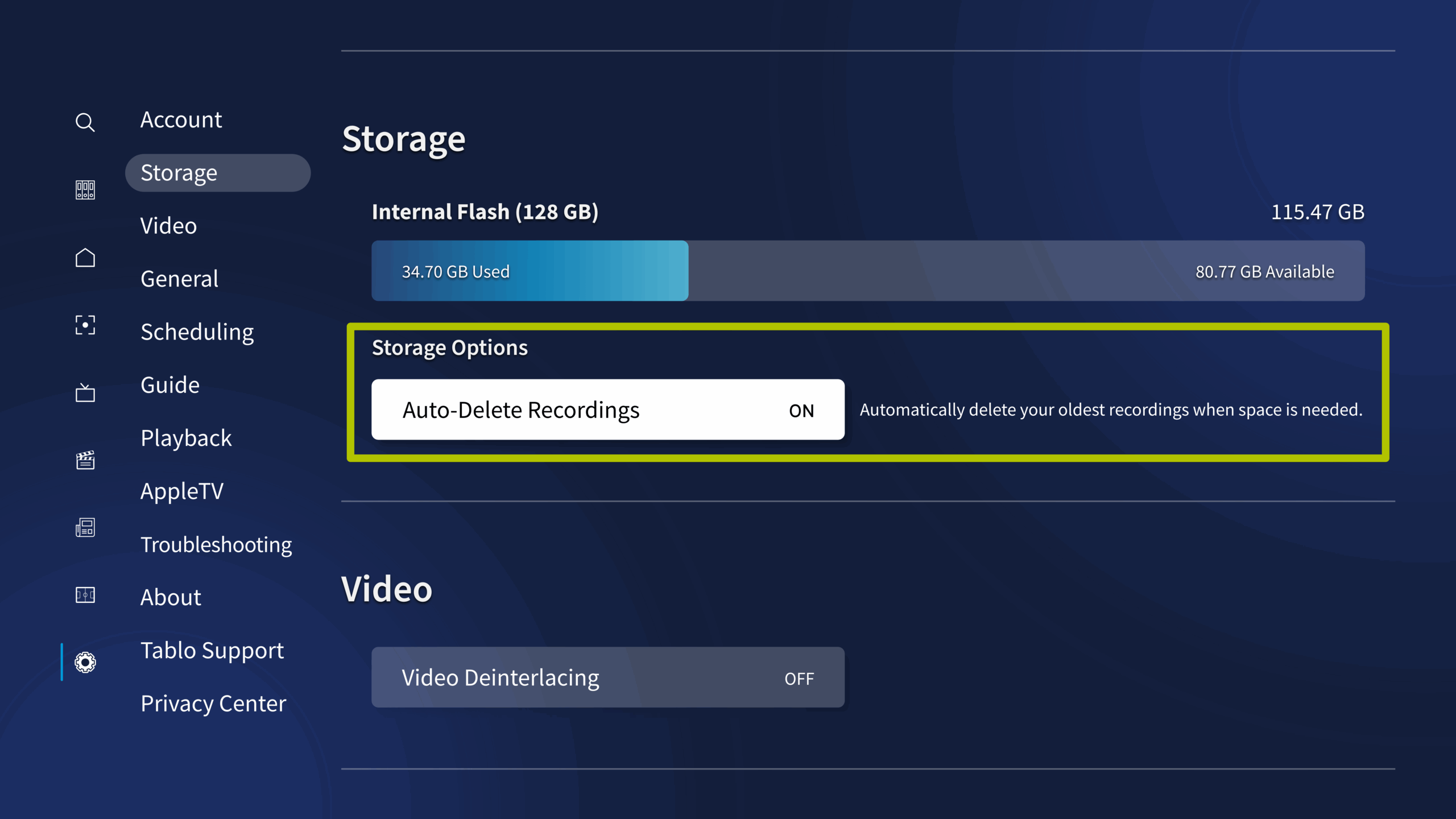 Storage setting on a 4th Generation Tablo. Storage Options - Auto Delete Recordings ON is highlighted.