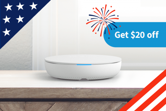 4th Generation Tablo on table. Framed by American Flag stars and stripes. $20 off.